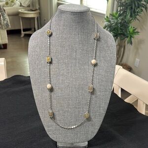 LOFT long silver necklace with round and rectangular stones, + bonus necklace!
